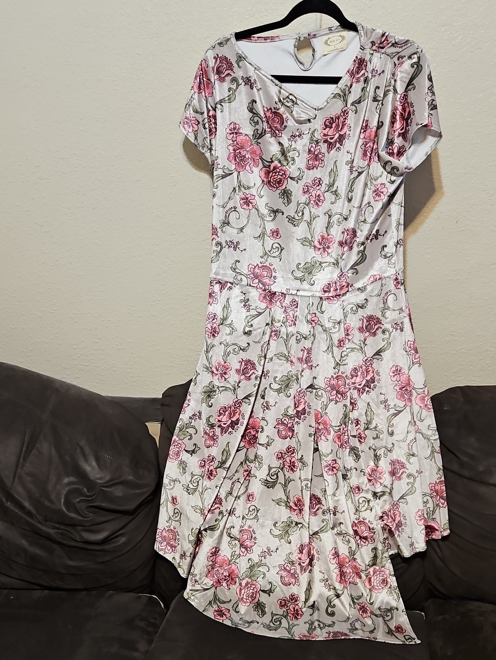 White High-Low Dress with Pink Velvet Floral Print